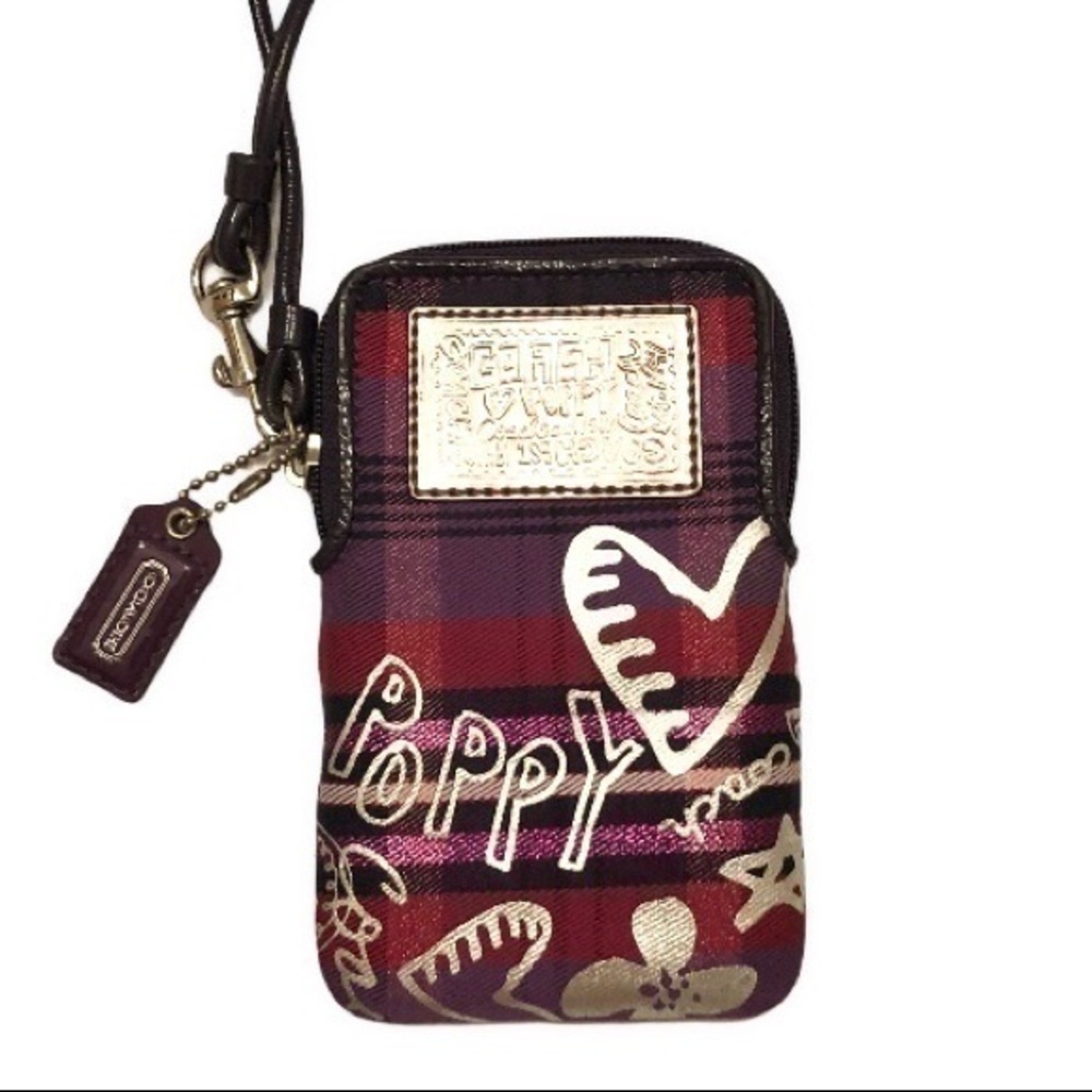 Coach pink purple plaid wristlet pouch card case